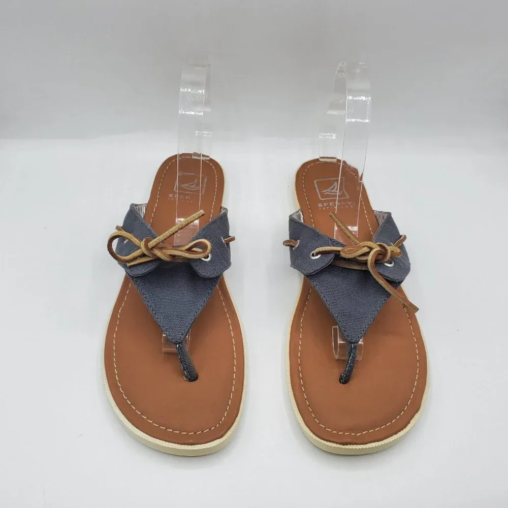 VINTAGE SPERRY TOP-SIDER CANVAS with LEATHER SHOE LACE TOP THONG SANDALS - Picture 4 of 7